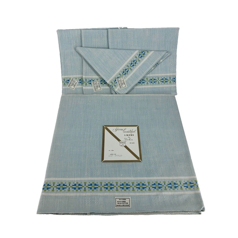 NOS Tablecloth Napkins Vintage Home Beautiful Linens Vickie Blue White
